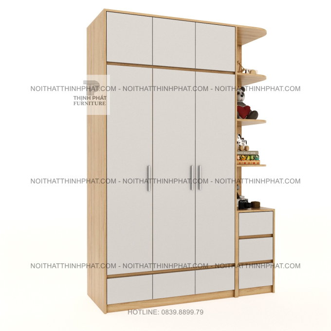 Tủ Quần Áo 2 Tầng MDF 3 Cánh Mở Kèm Kệ Trưng Bày Và Hộc Kéo TQA101 (1M6 X 2M4)