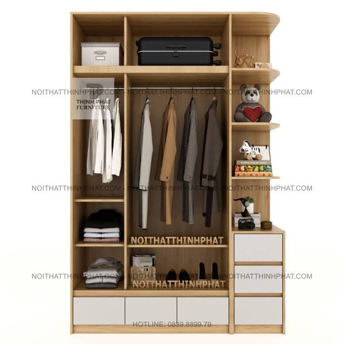 Tủ Quần Áo 2 Tầng MDF 3 Cánh Mở Kèm Kệ Trưng Bày Và Hộc Kéo TQA101 (1M6 X 2M4)
