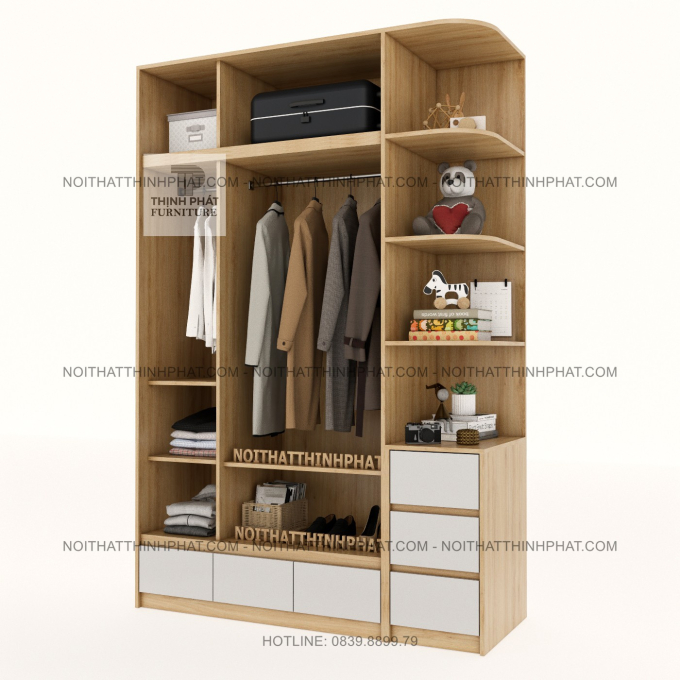 Tủ Quần Áo 2 Tầng MDF 3 Cánh Mở Kèm Kệ Trưng Bày Và Hộc Kéo TQA101 (1M6 X 2M4)