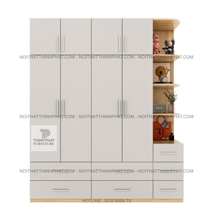 Tủ Quần Áo 2 Tầng MDF 4 Cánh Mở Kèm Kệ Trang Trí Bo Góc Và Nhều Ngăn Kéo Hiện Đại Tại TPHCM TQA106 (2M X 2M4)