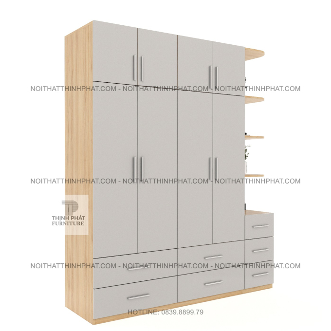 Tủ Quần Áo 2 Tầng MDF 4 Cánh Mở Kèm Kệ Trang Trí Bo Góc Và Nhều Ngăn Kéo Hiện Đại Tại TPHCM TQA106 (2M X 2M4)