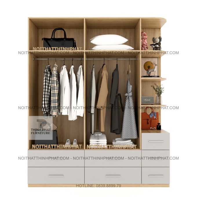 Tủ Quần Áo 2 Tầng MDF 4 Cánh Mở Kèm Kệ Trang Trí Bo Góc Và Nhều Ngăn Kéo Hiện Đại Tại TPHCM TQA106 (2M X 2M4)