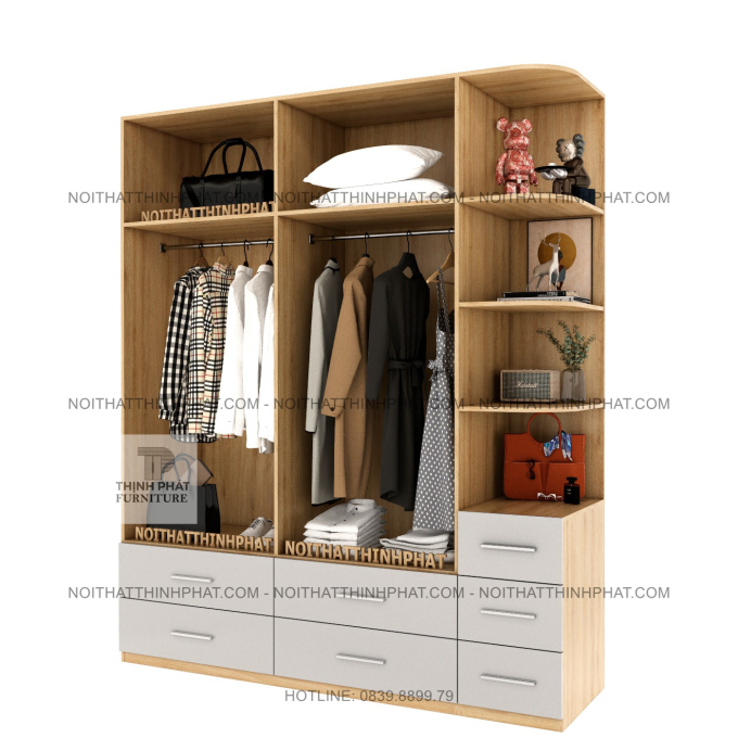 Tủ Quần Áo 2 Tầng MDF 4 Cánh Mở Kèm Kệ Trang Trí Bo Góc Và Nhều Ngăn Kéo Hiện Đại Tại TPHCM TQA106 (2M X 2M4)