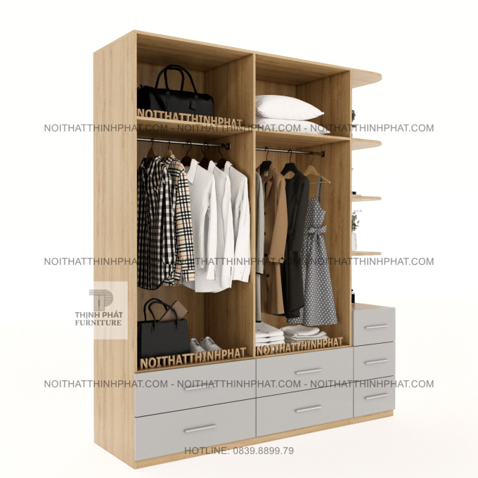 Tủ Quần Áo 2 Tầng MDF 4 Cánh Mở Kèm Kệ Trang Trí Bo Góc Và Nhều Ngăn Kéo Hiện Đại Tại TPHCM TQA106 (2M X 2M4)