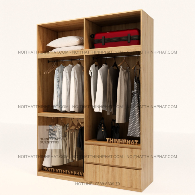 Tủ Quần Áo 2 Tầng MDF Không Tay Nắm, Nhiều Ngăn Treo Đồ Tiện Dụng TQA141 (1M8 X 2M5)