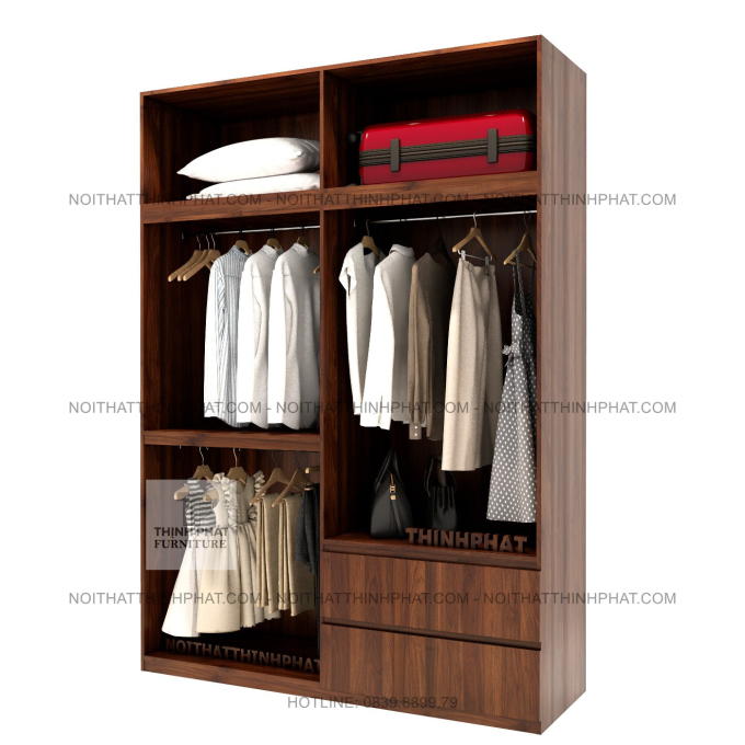 Tủ Quần Áo 2 Tầng MDF Không Tay Nắm, Nhiều Ngăn Treo Đồ Tiện Dụng TQA141 (1M8 X 2M5)