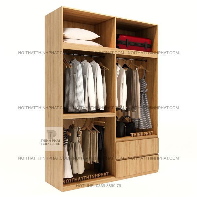 Tủ Quần Áo 2 Tầng MDF Không Tay Nắm, Nhiều Ngăn Treo Đồ Tiện Dụng TQA141 (1M8 X 2M5)