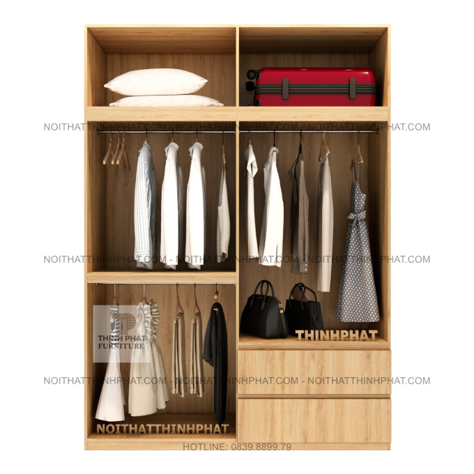 Tủ Quần Áo 2 Tầng MDF Không Tay Nắm, Nhiều Ngăn Treo Đồ Tiện Dụng TQA141 (1M8 X 2M5)
