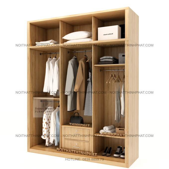 Tủ Quần Áo 2 Tầng Thiết Kế 3 Cửa Lùa, Nhiều Khoang Treo Hiện Đại Sang Trọng TQA85 (2M X 2M5)
