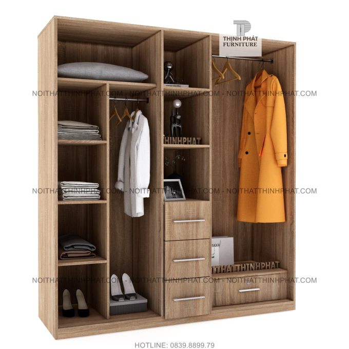 Tủ Quần Áo 2m X 2m 4 Cánh Mở Kết Hợp Kệ Trang Trí, Thiết Kế Tinh Tế, Gỗ Mdf Phủ Melamine TQA14