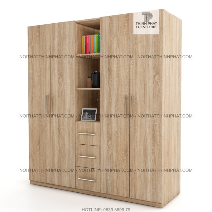 Tủ Quần Áo 2m X 2m 4 Cánh Mở Kết Hợp Kệ Trang Trí, Thiết Kế Tinh Tế, Gỗ Mdf Phủ Melamine TQA14