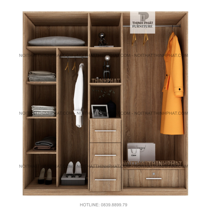 Tủ Quần Áo 2m X 2m 4 Cánh Mở Kết Hợp Kệ Trang Trí, Thiết Kế Tinh Tế, Gỗ Mdf Phủ Melamine TQA14