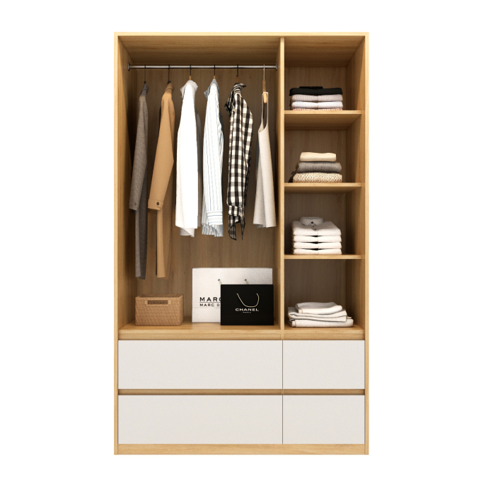 Tủ Quần Áo 3 Cánh 4 Hộc Kéo MDF Phối Trắng TQA115 (1m2 x 2m)