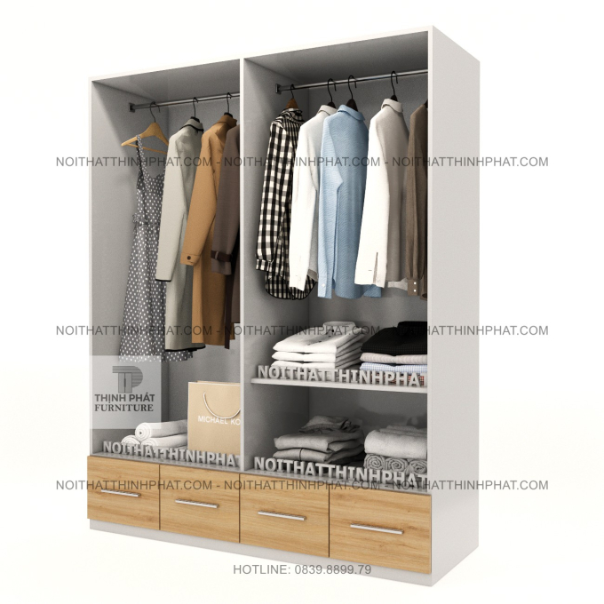 Tủ Quần Áo 4 Cánh Hiện Đại Màu Trắng Phối Gỗ Có 4 Hộc Kéo TPHCM TQA120 (1M6 X 2M)