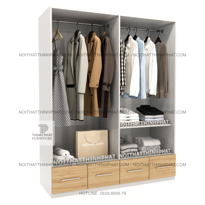 Tủ Quần Áo 4 Cánh Hiện Đại Màu Trắng Phối Gỗ Có 4 Hộc Kéo TPHCM TQA120 (1M6 X 2M)