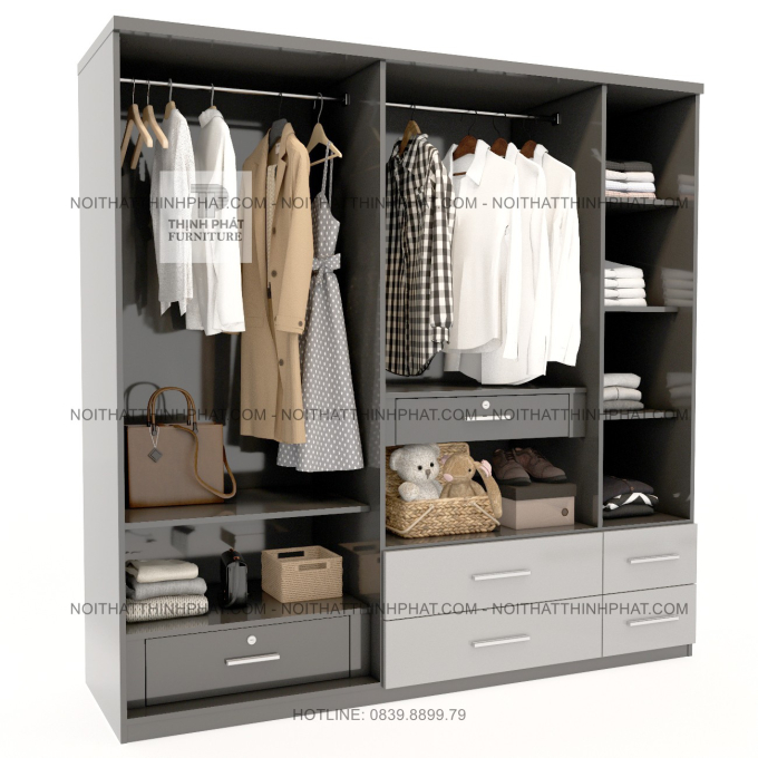 Tủ Quần Áo 5 Cánh MDF – Thiết Kế Đa Năng Với Nhiều Ngăn Kéo, Khoang Treo Rộng Và Kệ Gấp Đồ TPHCM TQA138 (2M X 2M)