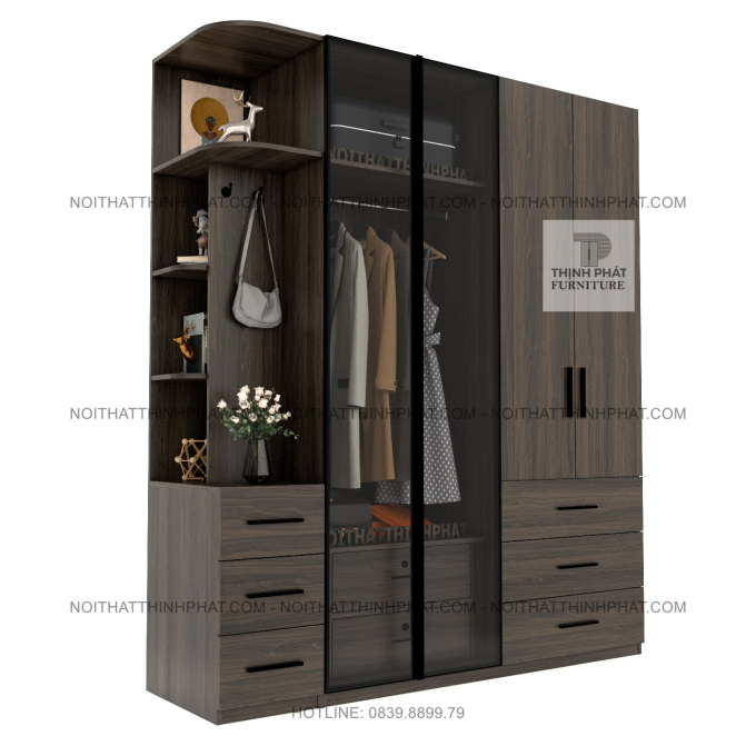 Tủ Quần Áo Cánh Kính Kết Hợp Kệ Trang Trí – Thiết Kế Sang Trọng TPHCM TQA86 (2M X 2M4)