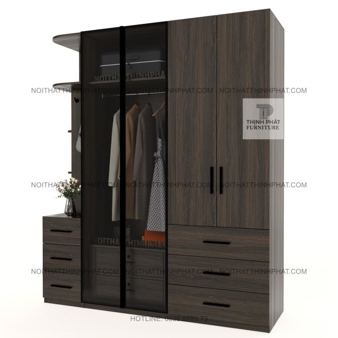Tủ Quần Áo Cánh Kính Kết Hợp Kệ Trang Trí – Thiết Kế Sang Trọng TPHCM TQA86 (2M X 2M4)