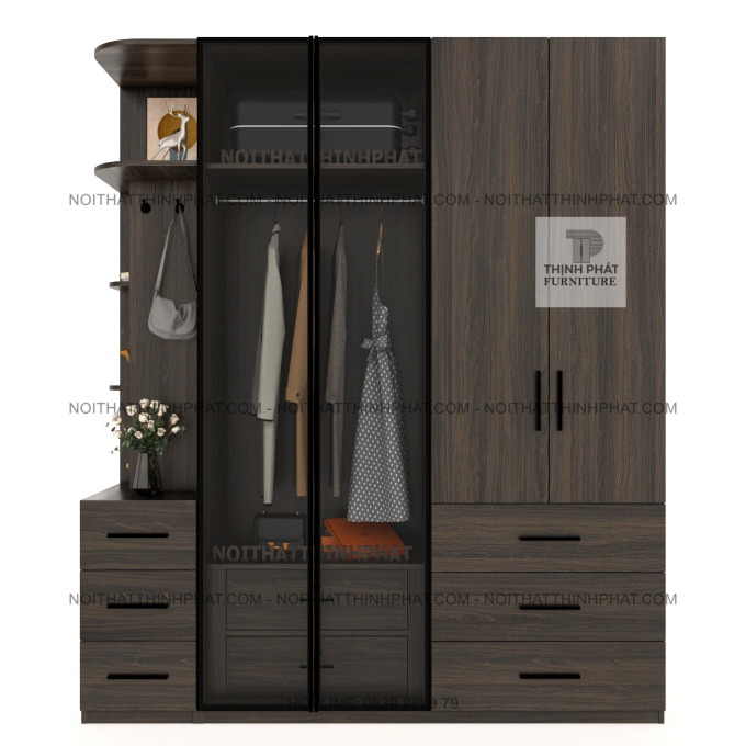 Tủ Quần Áo Cánh Kính Kết Hợp Kệ Trang Trí – Thiết Kế Sang Trọng TPHCM TQA86 (2M X 2M4)
