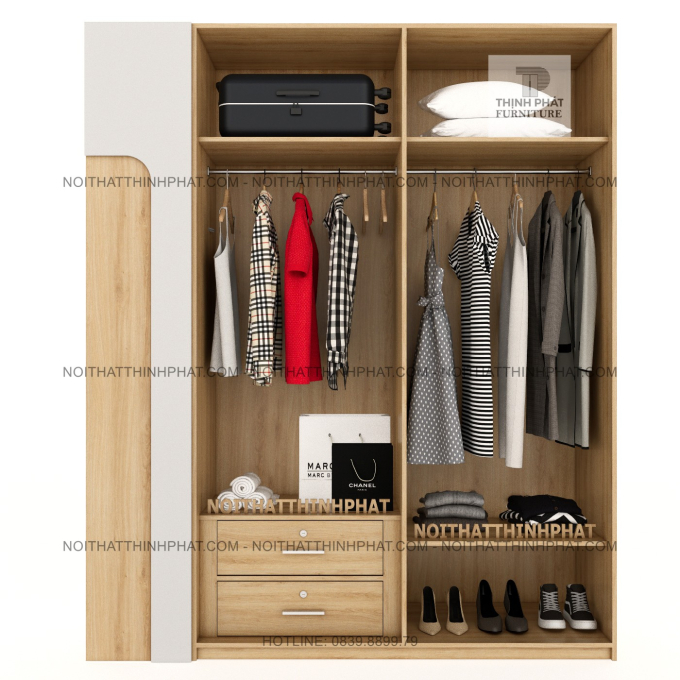 Tủ Quần Áo Cánh Kính Kết Hợp Kệ Trang Trí 