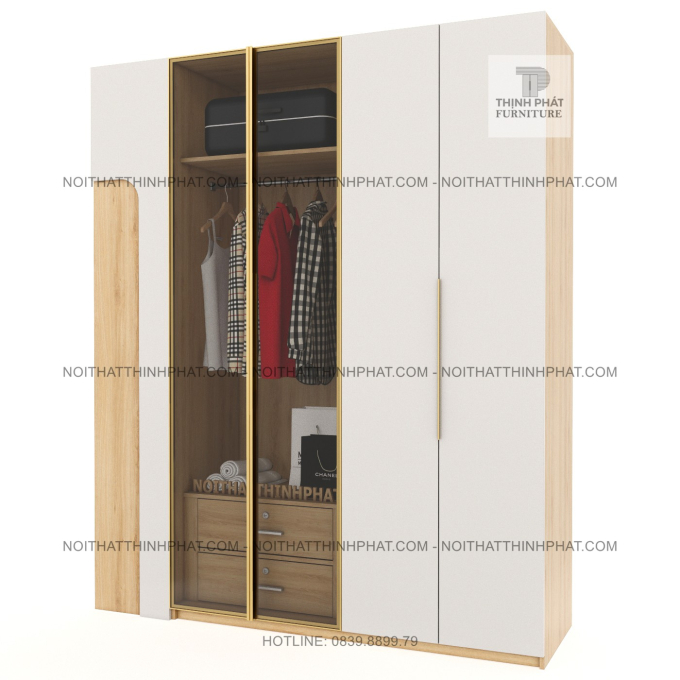 Tủ Quần Áo Cánh Kính Kết Hợp Kệ Trang Trí 