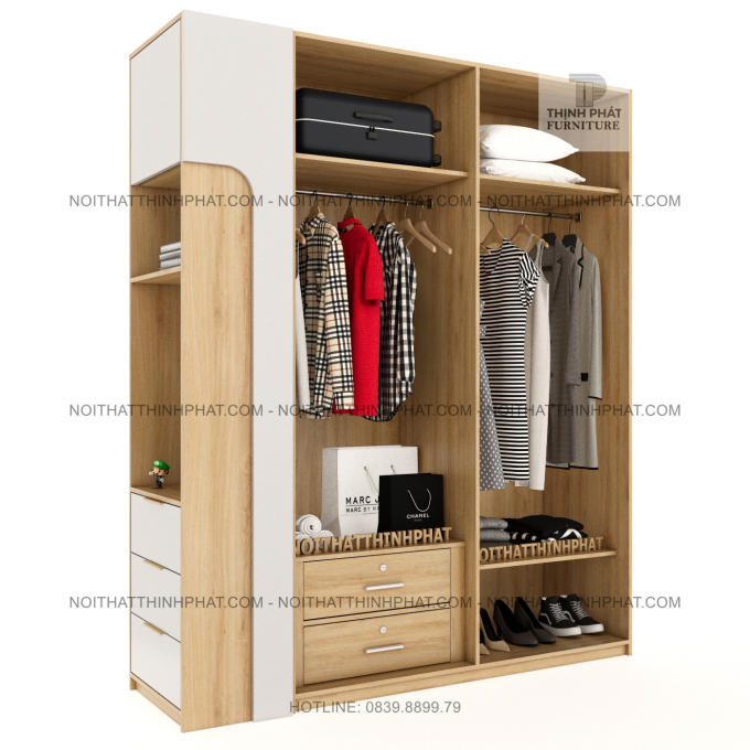 Tủ Quần Áo Cánh Kính Kết Hợp Kệ Trang Trí 