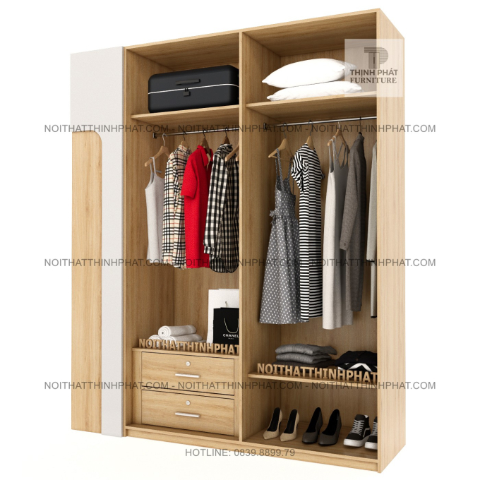 Tủ Quần Áo Cánh Kính Kết Hợp Kệ Trang Trí 