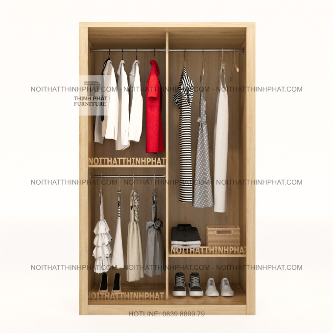 Tủ Quần Áo Cửa Lùa 2 Cánh MDF – Thiết Kế Ưu Tiên Treo Đồ, Dễ Sử Dụng TPHCM TQA127 (1M2 X 2M)
