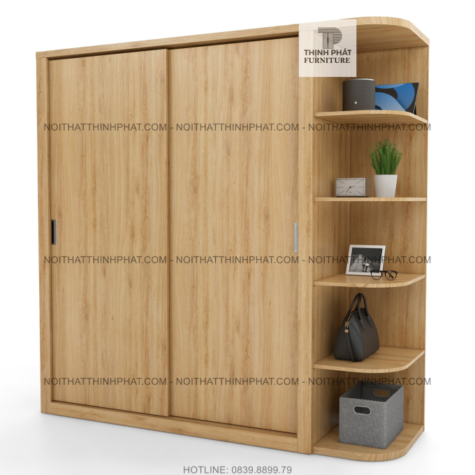 Tủ Quần Áo Cửa Lùa Hiện Đại Kèm Kệ Trang Trí Bên Hông, Màu Gỗ Sồi TQA61-2  (2m x 2m)