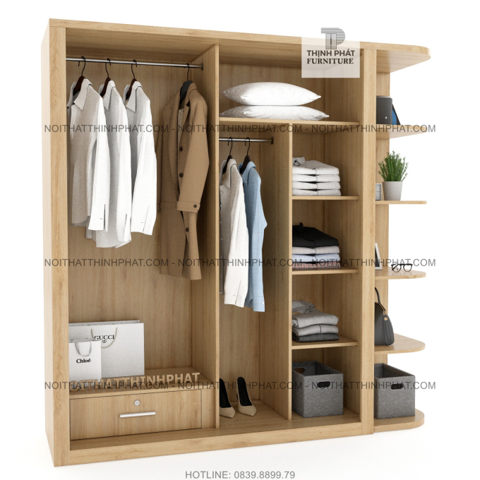 Tủ Quần Áo Cửa Lùa Hiện Đại Kèm Kệ Trang Trí Bên Hông, Màu Gỗ Sồi TQA61-2  (2m x 2m)