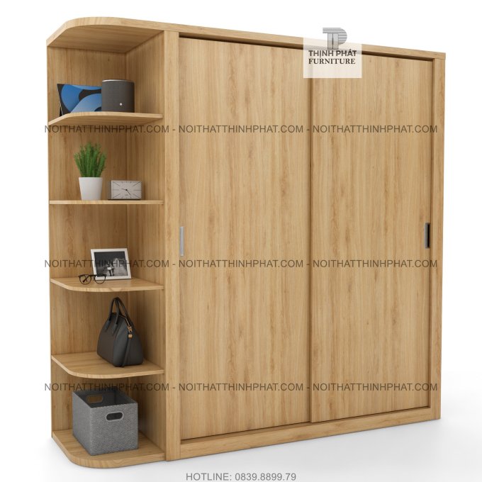 Tủ Quần Áo Cửa Lùa Hiện Đại Kèm Kệ Trang Trí Bên Hông, Màu Gỗ Sồi TQA61-2  (2m x 2m)
