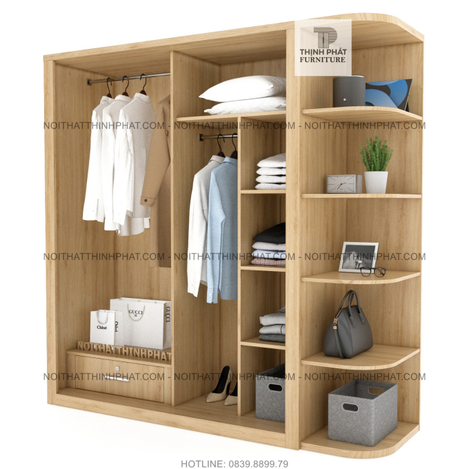 Tủ Quần Áo Cửa Lùa Hiện Đại Kèm Kệ Trang Trí Bên Hông, Màu Gỗ Sồi TQA61-2  (2m x 2m)