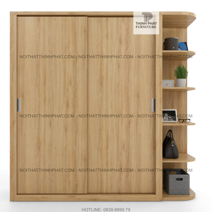 Tủ Quần Áo Cửa Lùa Hiện Đại Kèm Kệ Trang Trí Bên Hông, Màu Gỗ Sồi TQA61-2  (2m x 2m)