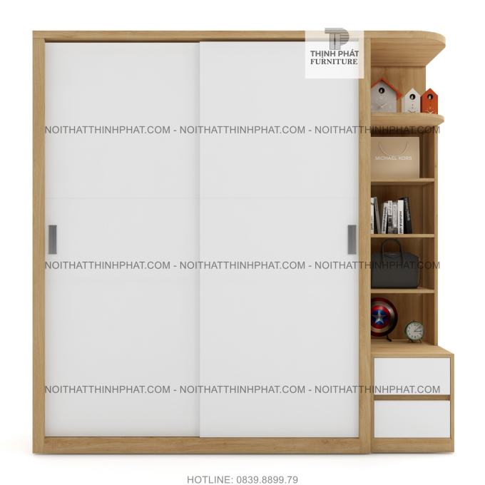 Tủ Quần Áo Cửa Lùa Kèm Kệ Trang Trí 1m8 X 2m, Thiết Kế Đẹp, Đa Năng TQA17