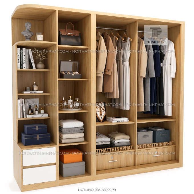 Tủ Quần Áo Cửa Lùa Kèm Tủ Trưng Bày Và Kệ Trang Trí TQA135 (2m x 2m)
