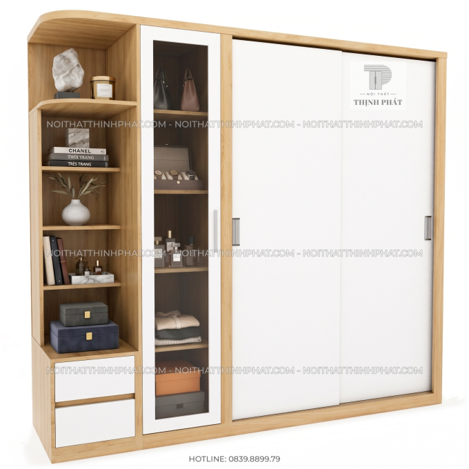 Tủ Quần Áo Cửa Lùa Kèm Tủ Trưng Bày Và Kệ Trang Trí TQA135 (2m x 2m)