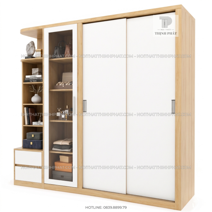 Tủ Quần Áo Cửa Lùa Kèm Tủ Trưng Bày Và Kệ Trang Trí TQA135 (2m x 2m)