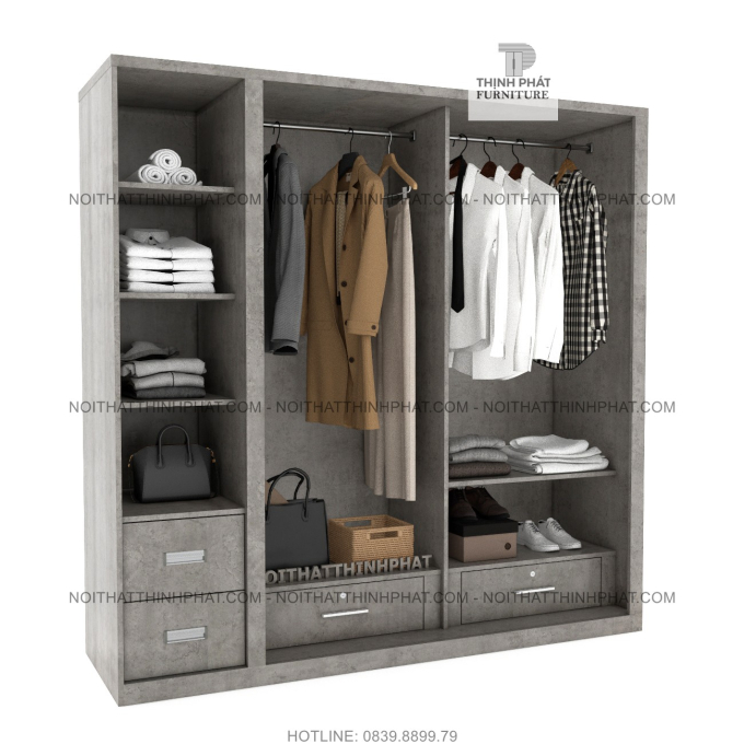 Tủ Quần Áo Cửa Lùa kết hợp cửa mở, 2 Hộc Kéo Bên Ngoài (TQA112)