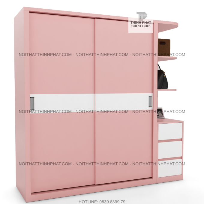 Tủ Quần Áo Cửa Lùa Kết Hợp Kệ Trang Trí Màu Hồng (2M X 2M) TQA60