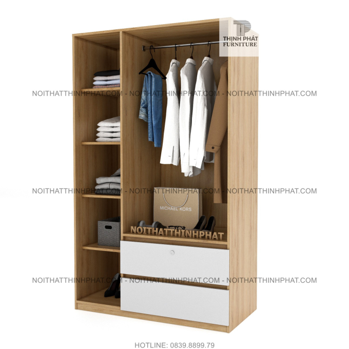 Tủ Quần Áo Cửa Mở 3 Cánh Kết Hợp 2 Hộc Kéo Ngoài Gỗ Công Nghiệp Mdf Phủ Melamine TQA49 (1M2 x 2M)