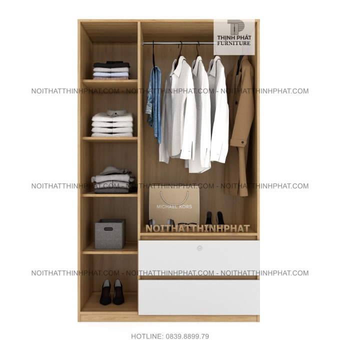 Tủ Quần Áo Cửa Mở 3 Cánh Kết Hợp 2 Hộc Kéo Ngoài Gỗ Công Nghiệp Mdf Phủ Melamine TQA49 (1M2 x 2M)
