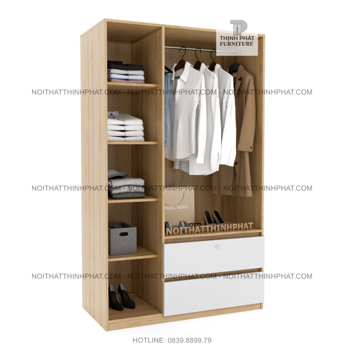 Tủ Quần Áo Cửa Mở 3 Cánh Kết Hợp 2 Hộc Kéo Ngoài Gỗ Công Nghiệp Mdf Phủ Melamine TQA49 (1M2 x 2M)