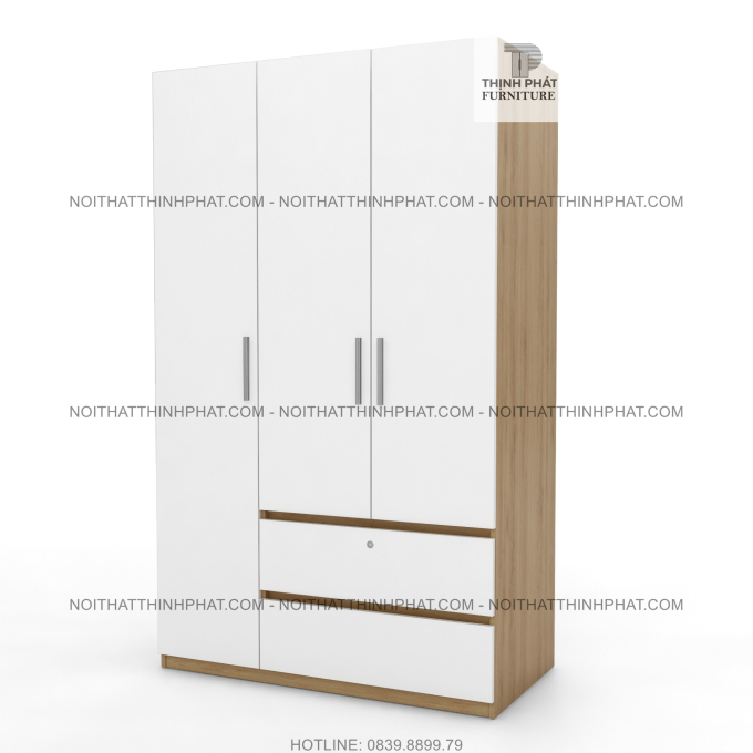 Tủ Quần Áo Cửa Mở 3 Cánh Kết Hợp 2 Hộc Kéo Ngoài Gỗ Công Nghiệp Mdf Phủ Melamine TQA49 (1M2 x 2M)