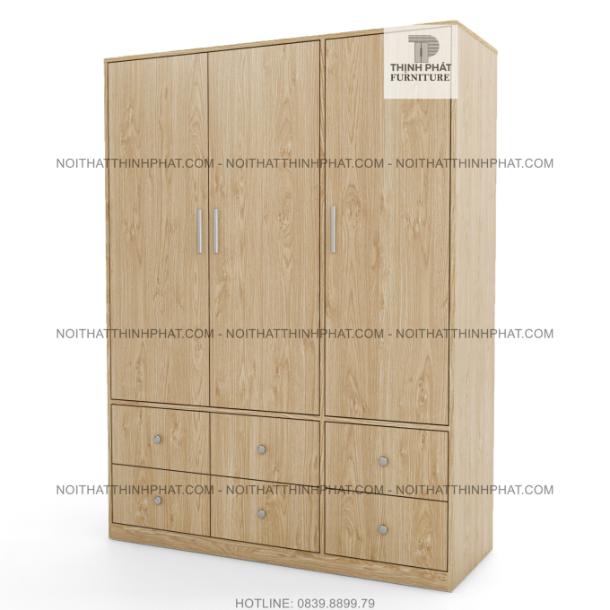 Tủ Quần Áo Gỗ Công Nghiệp 3 Cửa Mở Kèm Hộc Kéo Ngoài, Màu Vàng Sồi Hiện Đại TQA50 1m4 x 2m