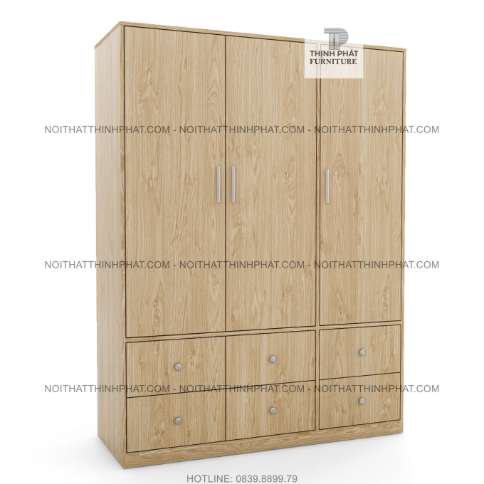 Tủ Quần Áo Gỗ Công Nghiệp 3 Cửa Mở Kèm Hộc Kéo Ngoài, Màu Vàng Sồi Hiện Đại TQA50 1m4 x 2m