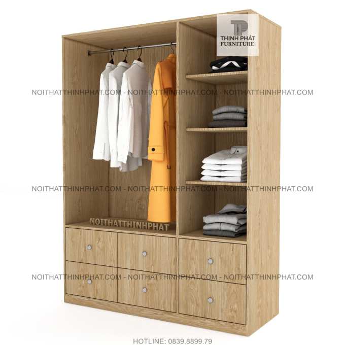 Tủ Quần Áo Gỗ Công Nghiệp 3 Cửa Mở Kèm Hộc Kéo Ngoài, Màu Vàng Sồi Hiện Đại TQA50 1m4 x 2m