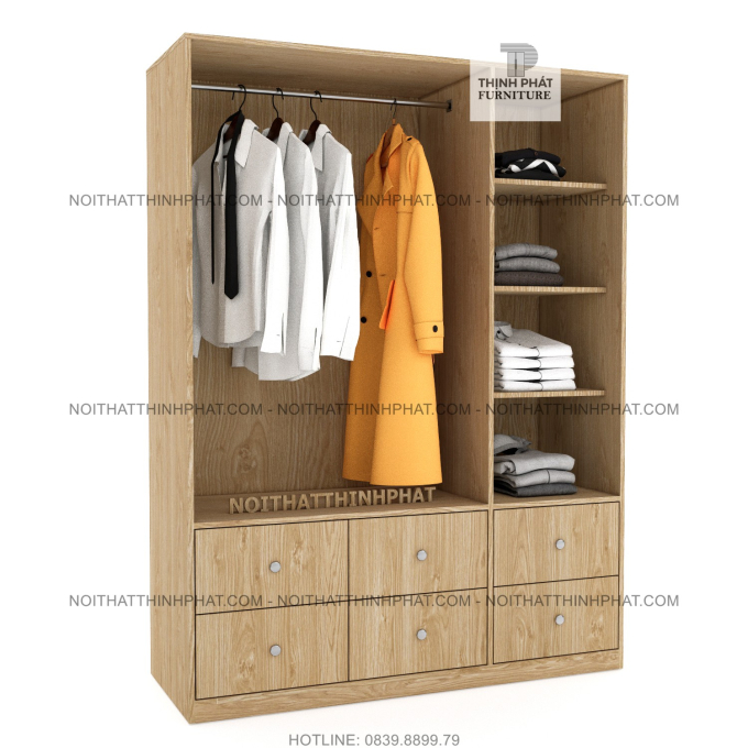 Tủ Quần Áo Gỗ Công Nghiệp 3 Cửa Mở Kèm Hộc Kéo Ngoài, Màu Vàng Sồi Hiện Đại TQA50 1m4 x 2m
