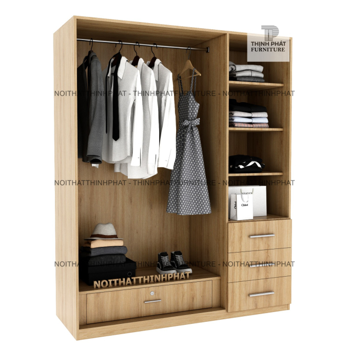 Tủ Quần Áo Gỗ Công Nghiệp Cửa Mở, 3 Cánh Màu Vân Gỗ, Sang Trọng, Hiện Đại (1M6 X 2M) TQA74  