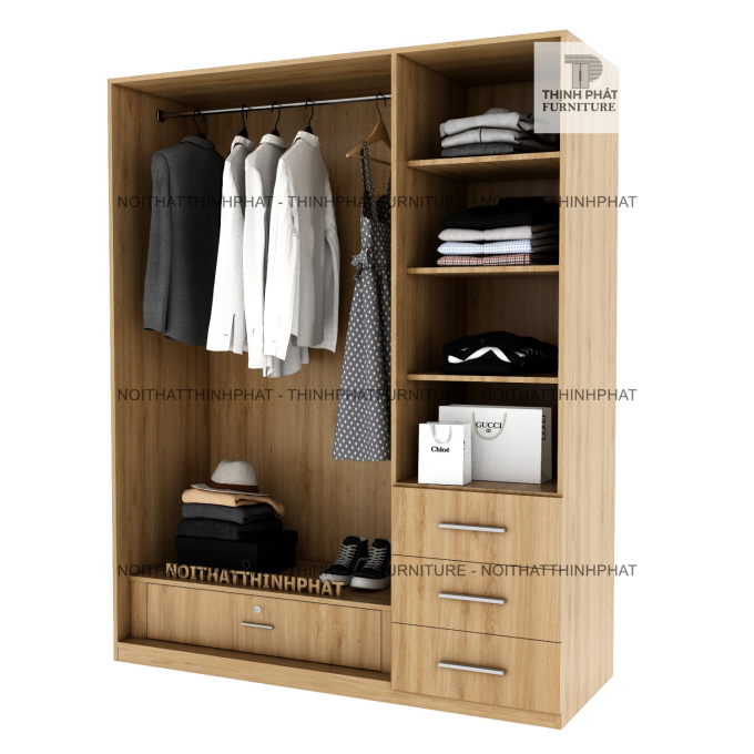 Tủ Quần Áo Gỗ Công Nghiệp Cửa Mở, 3 Cánh Màu Vân Gỗ, Sang Trọng, Hiện Đại (1M6 X 2M) TQA74  