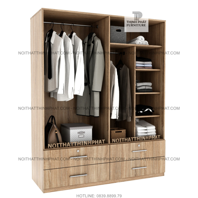 Tủ Quần Áo Gỗ Công Nghiệp Cửa Mở 4 hộc kéo ngoài Màu Vân Gỗ phối trắng Hiện Đại (1M6 X 2M) TQA70